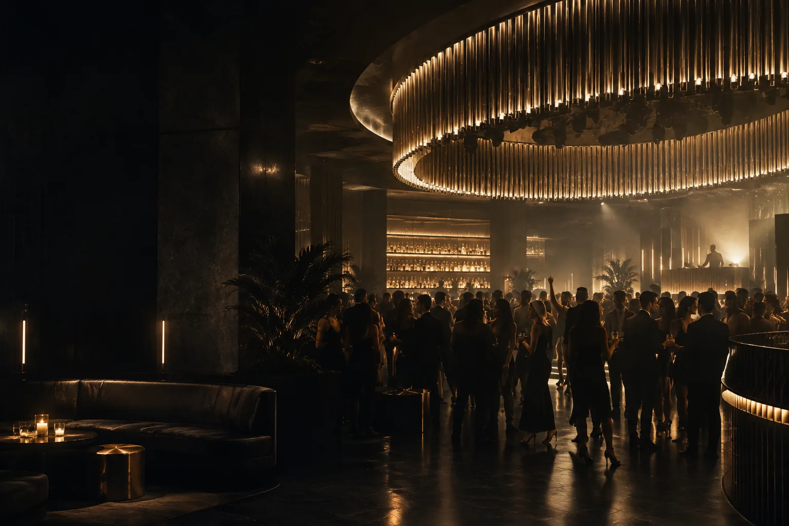 Ambiente editorial de noche con luces champagne